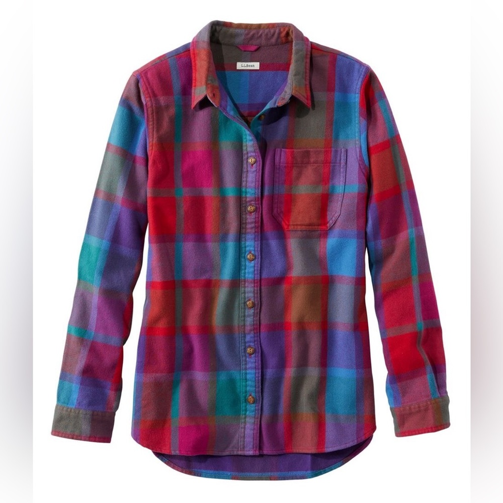 LL Bean organic flannel cranberry plaid shirt in medium